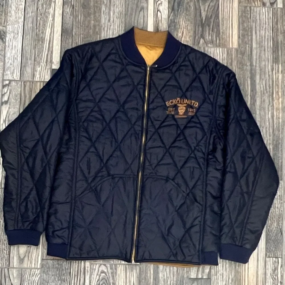 🔥🔥 Vintage‎ Y2K ECKO UNLTD. Quilted Puffer Bomber Jacket - Navy Blue/Gold - Sz